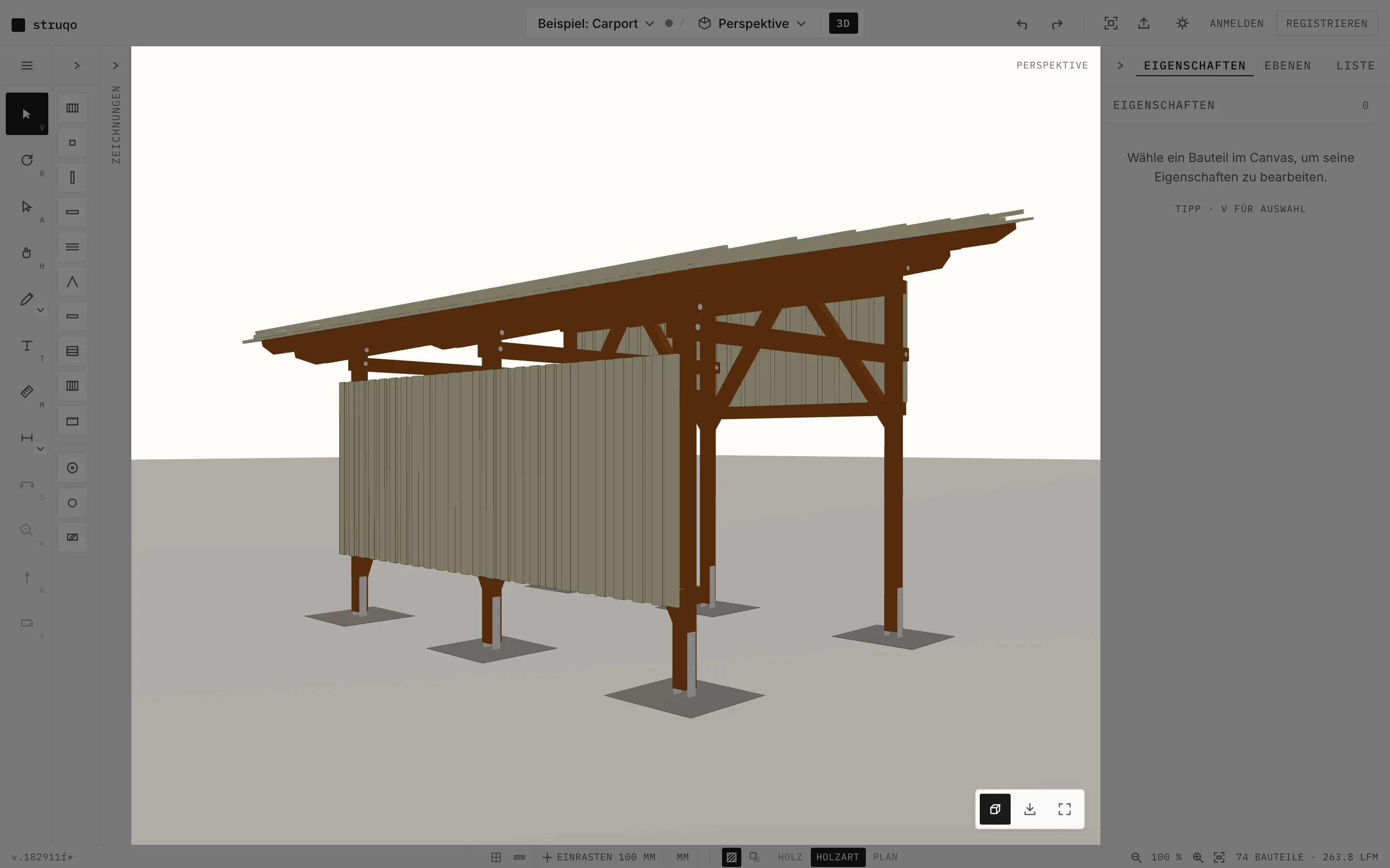 Struqo editor, 3D perspective of the example carport: larch posts and braces in brown, olive-grey cladding and a mono-pitch roof, breadcrumb at the top reading Example: Carport, Perspective, 3D