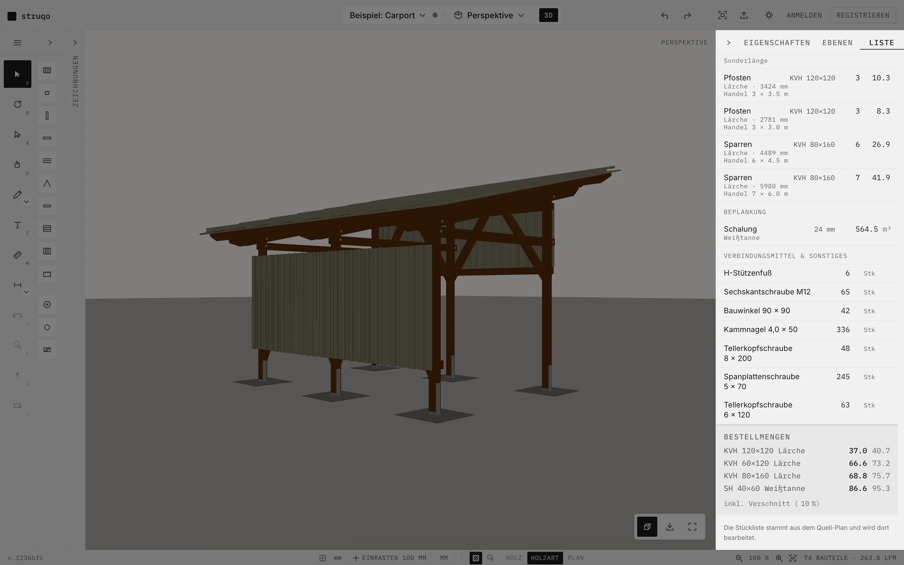 Struqo bill of materials panel beside the 3D model: posts and rafters by cross section, fasteners, order quantities