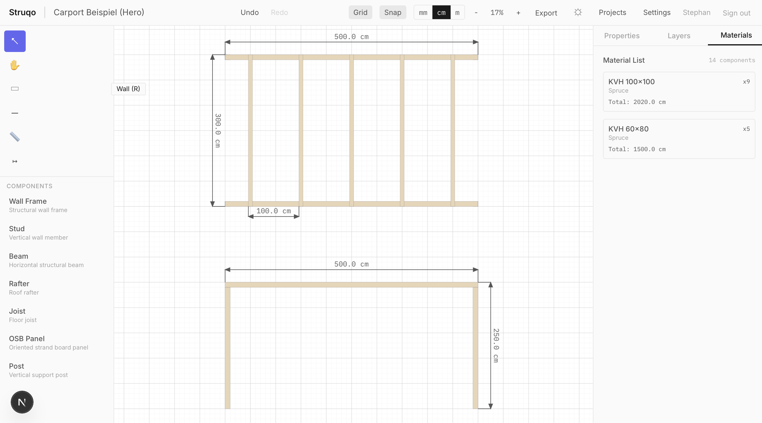Struqo editor: canvas with two wood frame wall structures, dimension labels in centimeters, component palette on the left, material list on the right showing KVH 100x100 spruce (x9) and KVH 60x80 spruce (x5)