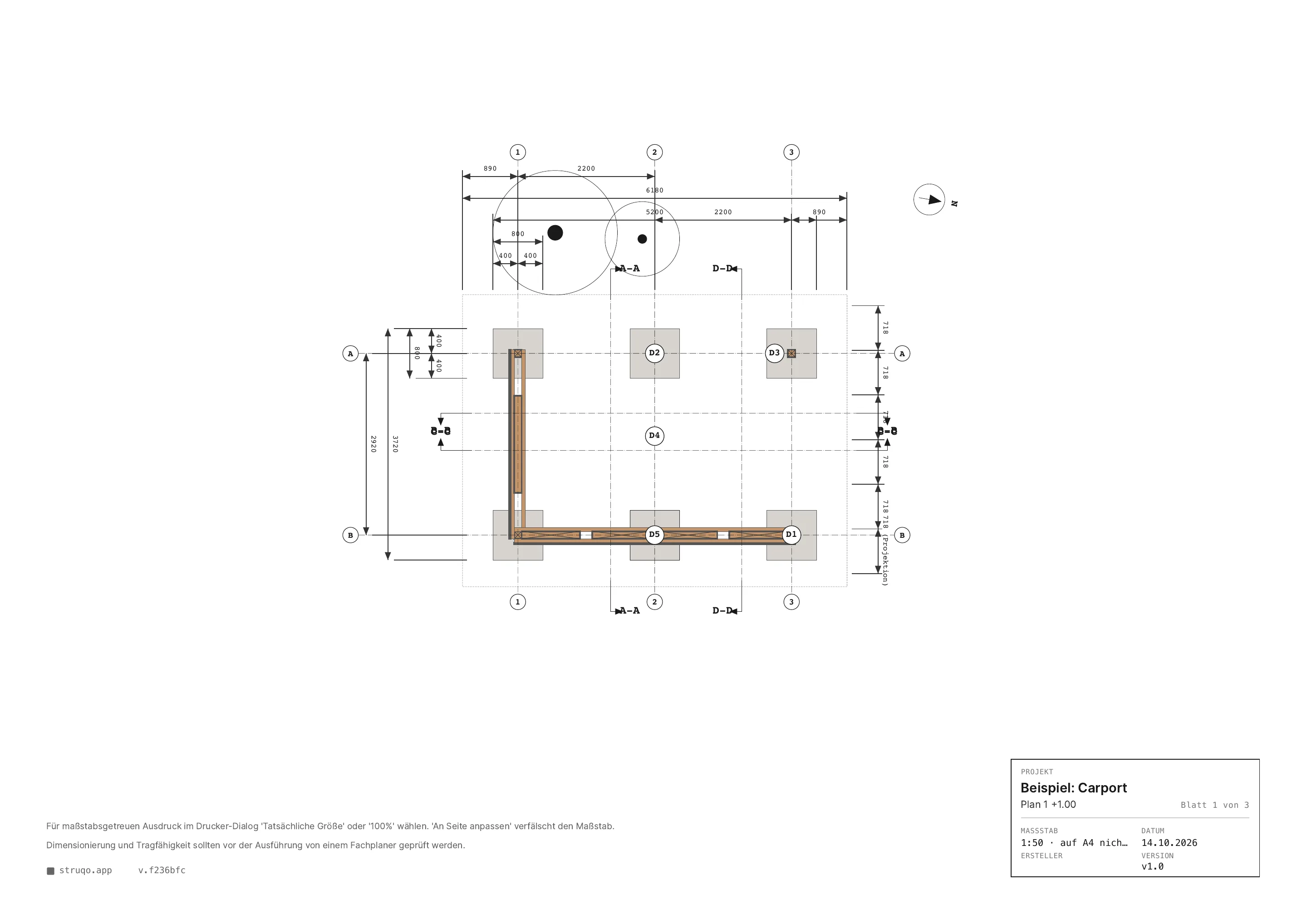 Printed A3 sheet from the Struqo plan set: ground plan of the example carport with title block