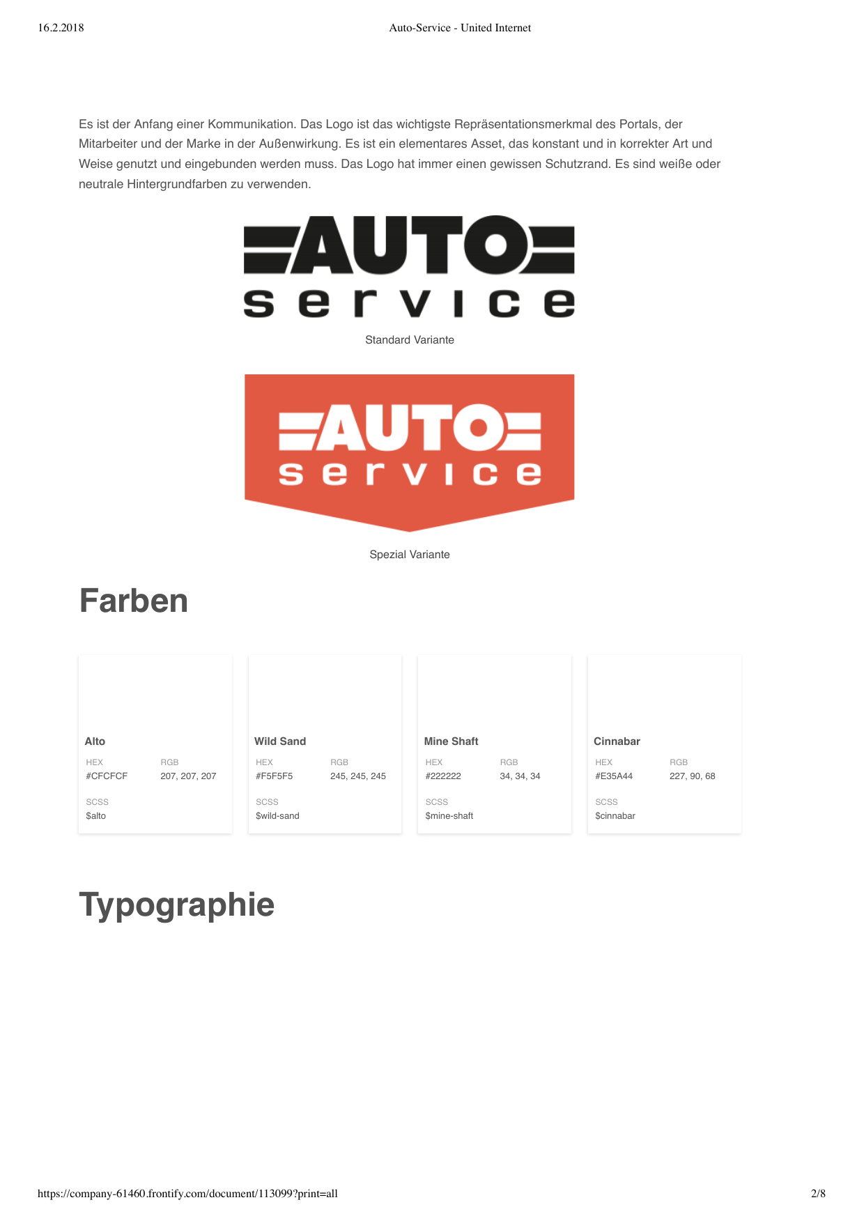 Auto-Service brand elements: logo variants, four-color palette with hex values, and typography introduction