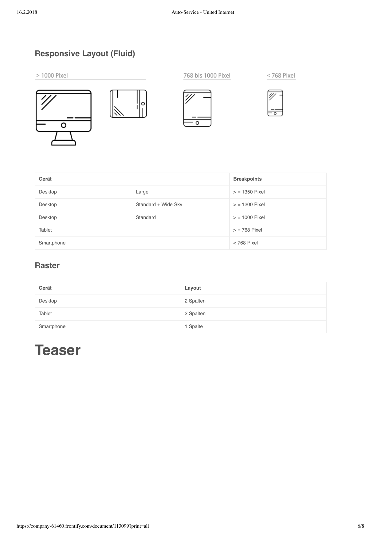 Responsive layout specification showing fluid breakpoints at 1000px and 768px, with 3-column desktop to single-column mobile grid