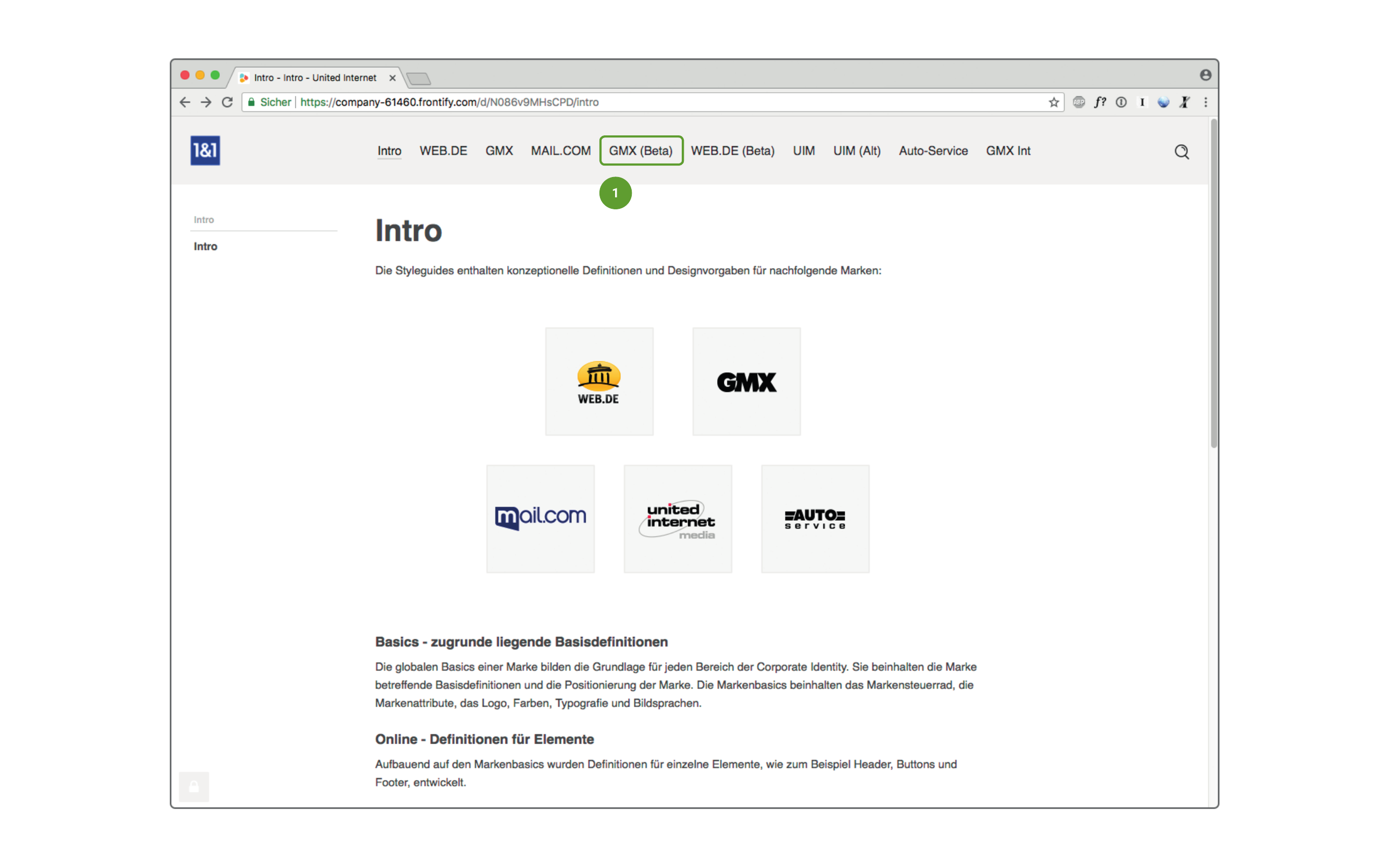 Frontify design platform showing all six brand styleguides: WEB.DE, GMX, mail.com, United Internet, Auto-Service, GMX International