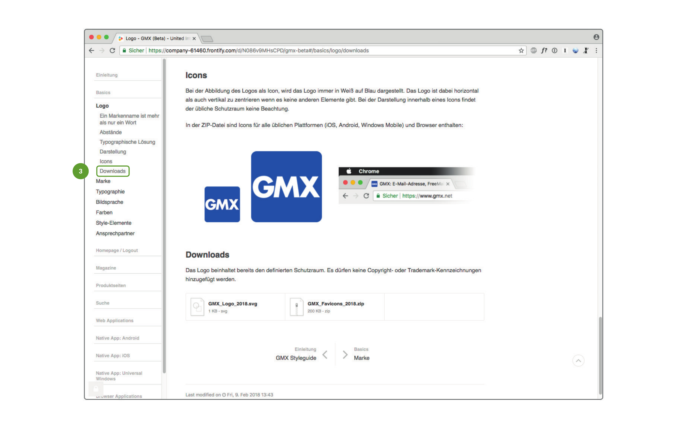 GMX logo and icon specifications with platform-specific assets for iOS, Android, Windows Mobile, and browser extensions